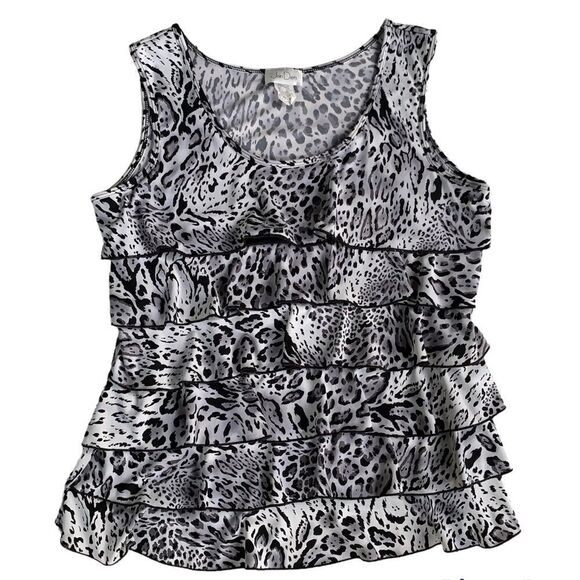 Jon Den blouse sleeveless tiered layered black white cheetah leopard print satin - Picture 1 of 10